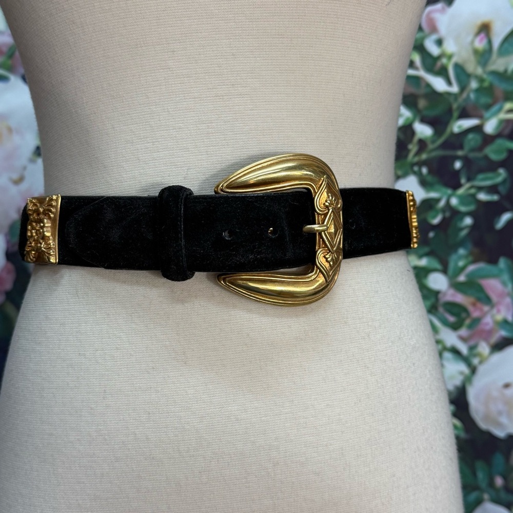 Brighton Black Suede Belt Gold Panels